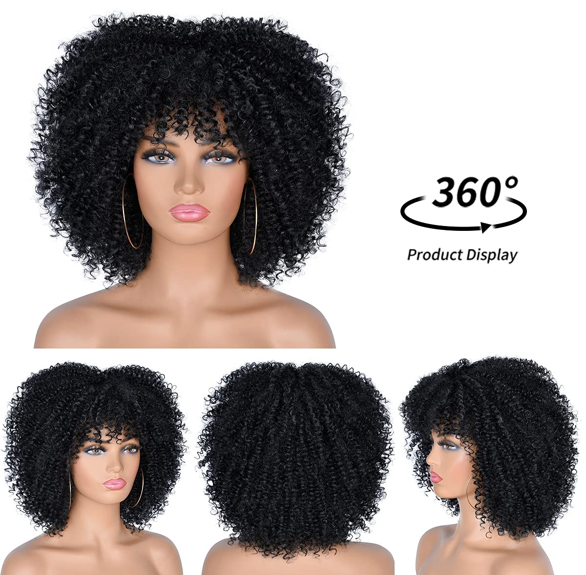 CoCrowns 10Inch Short Curly Afro Wigs with Bangs Bomb Afro Kinky Curly Wig for Black Women Synthetic Fiber Full Wig (Black) - Image 3