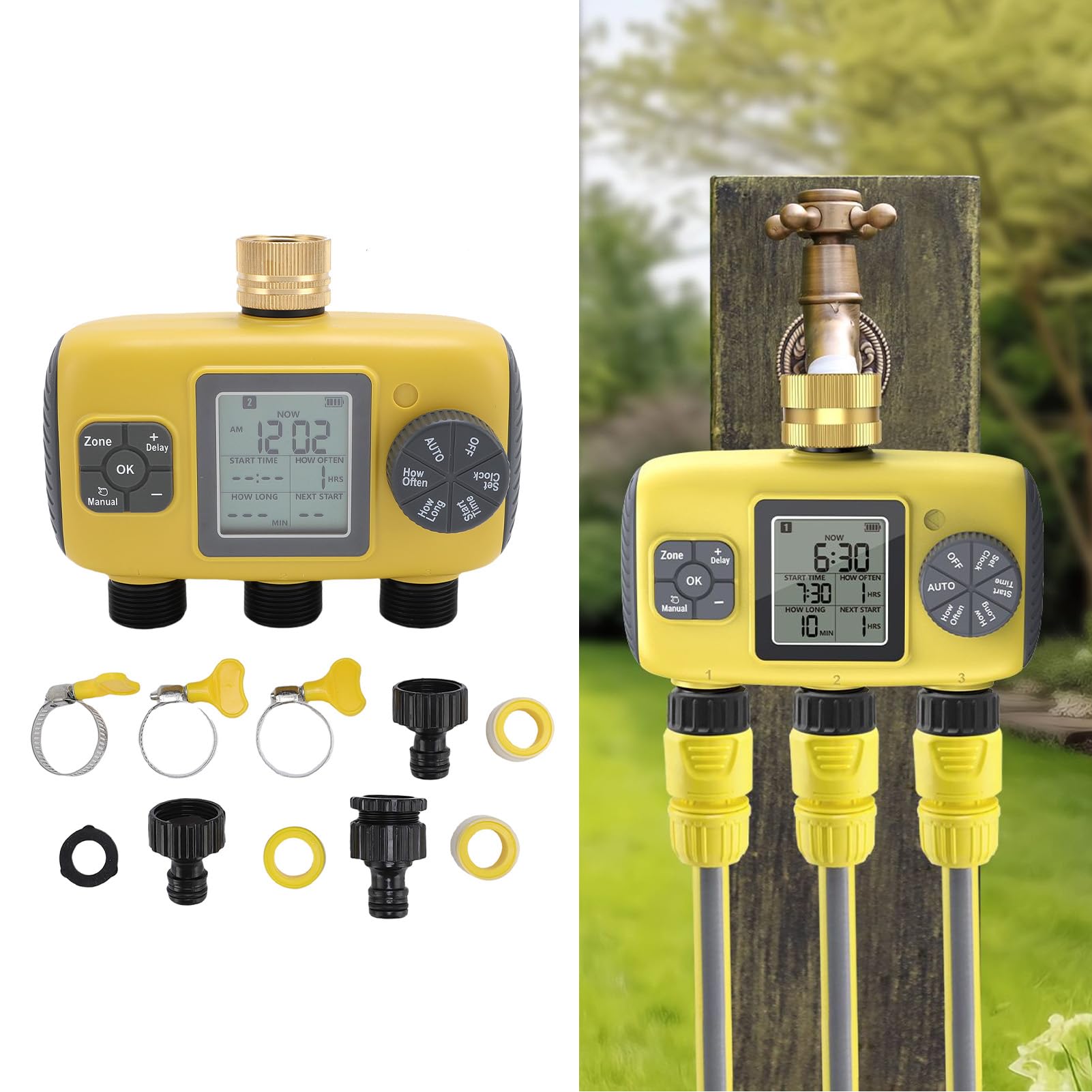 Temporizador inteligente de aspersor de 3 salidas para manguera de jardín, temporizador digital programable de riego de agua, sistema de riego IPX5, grifos de 0.75 pulgadas