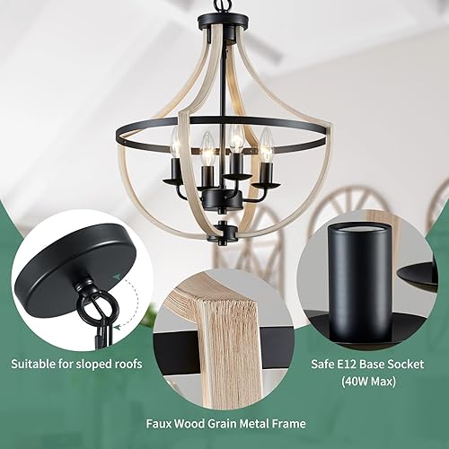 Miniatura 6 de Avzkcy Candelabro de granja de 16.5 pulgadas, 4 luces, moderno, colgante, lámpara de techo de metal vintage con grano de madera blanca para cocina,