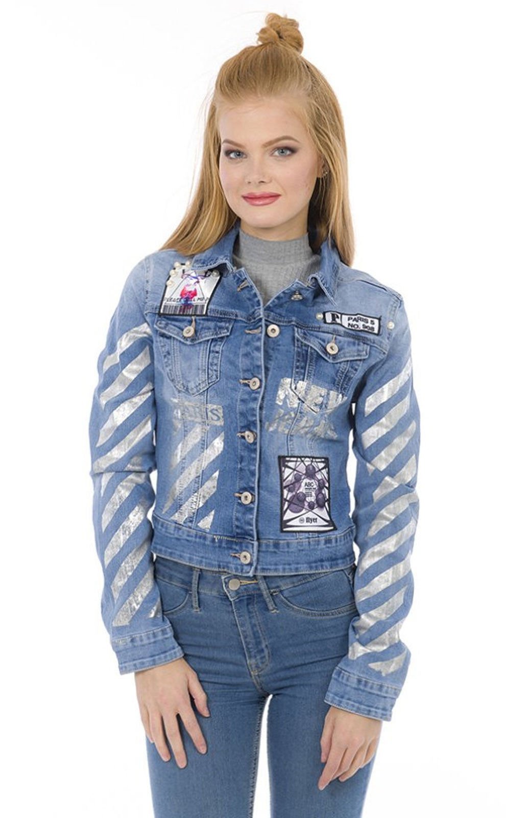 Veste de tailleur biker reflets argent bleu pour look audacieux - 8
