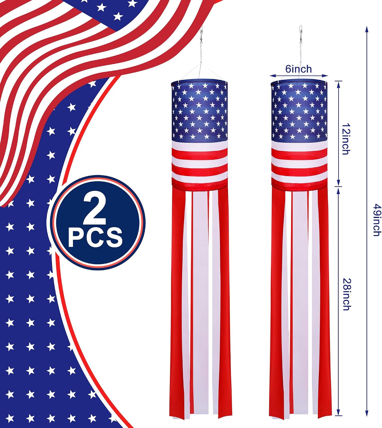 EBaokuup 2Pcs 40 Inch American US Flag Windsock Stars and Stripes for Flag Day and 4th of July Decorations Outdoor