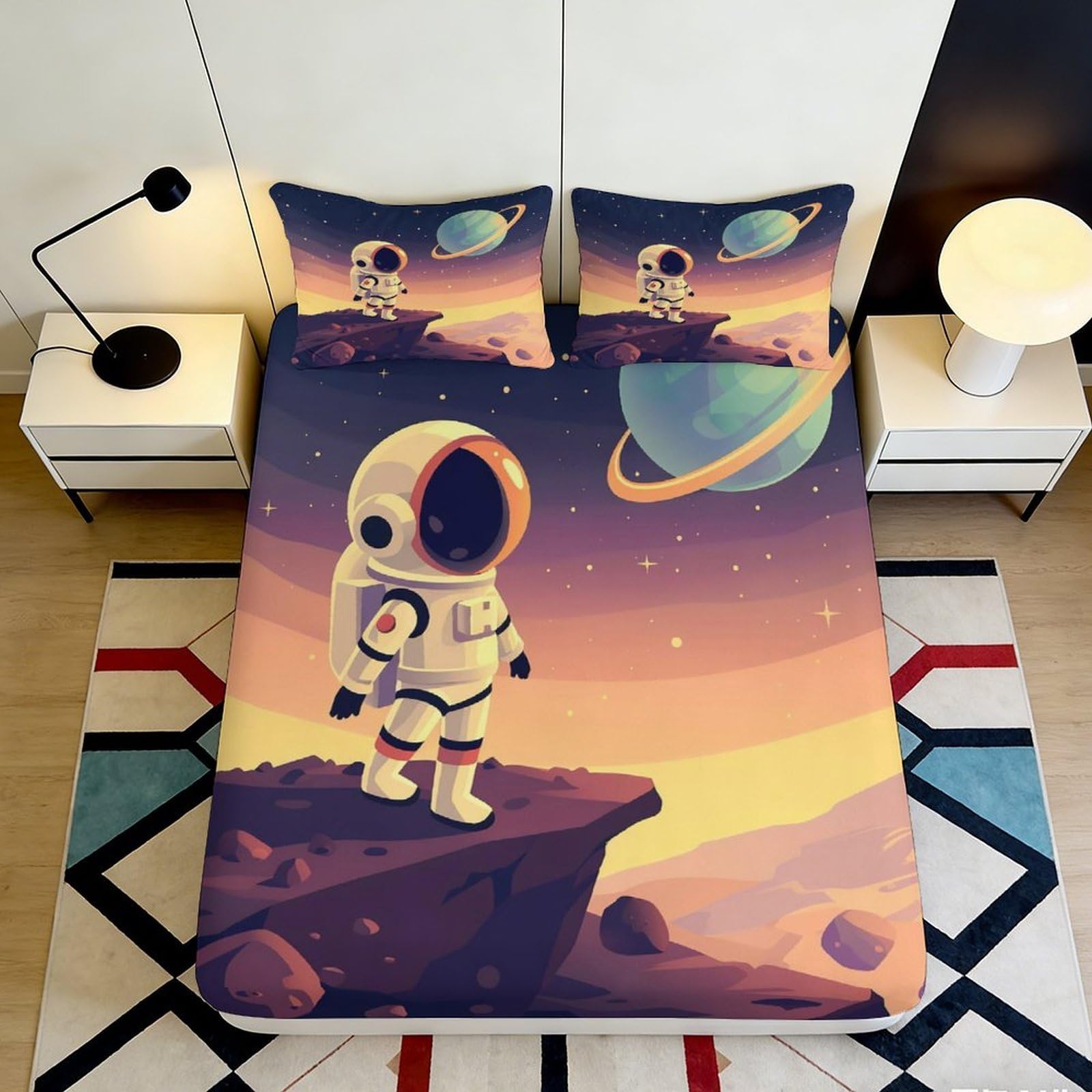 3D Printed Astronaut Planet Fitted Sheet Microfiber Soft Breathable Space Landscape Mattress Cover Bedroom Decor 90x200x25cm