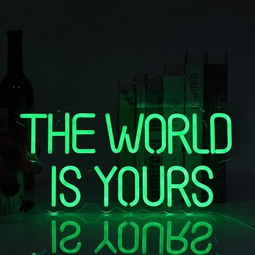 Miniatura 4 de Letrero de pared con interruptor de luz LED regulable de 17 x 8 pulgadas, color verde neón con texto en inglés "The World is Yours", para luz fría,