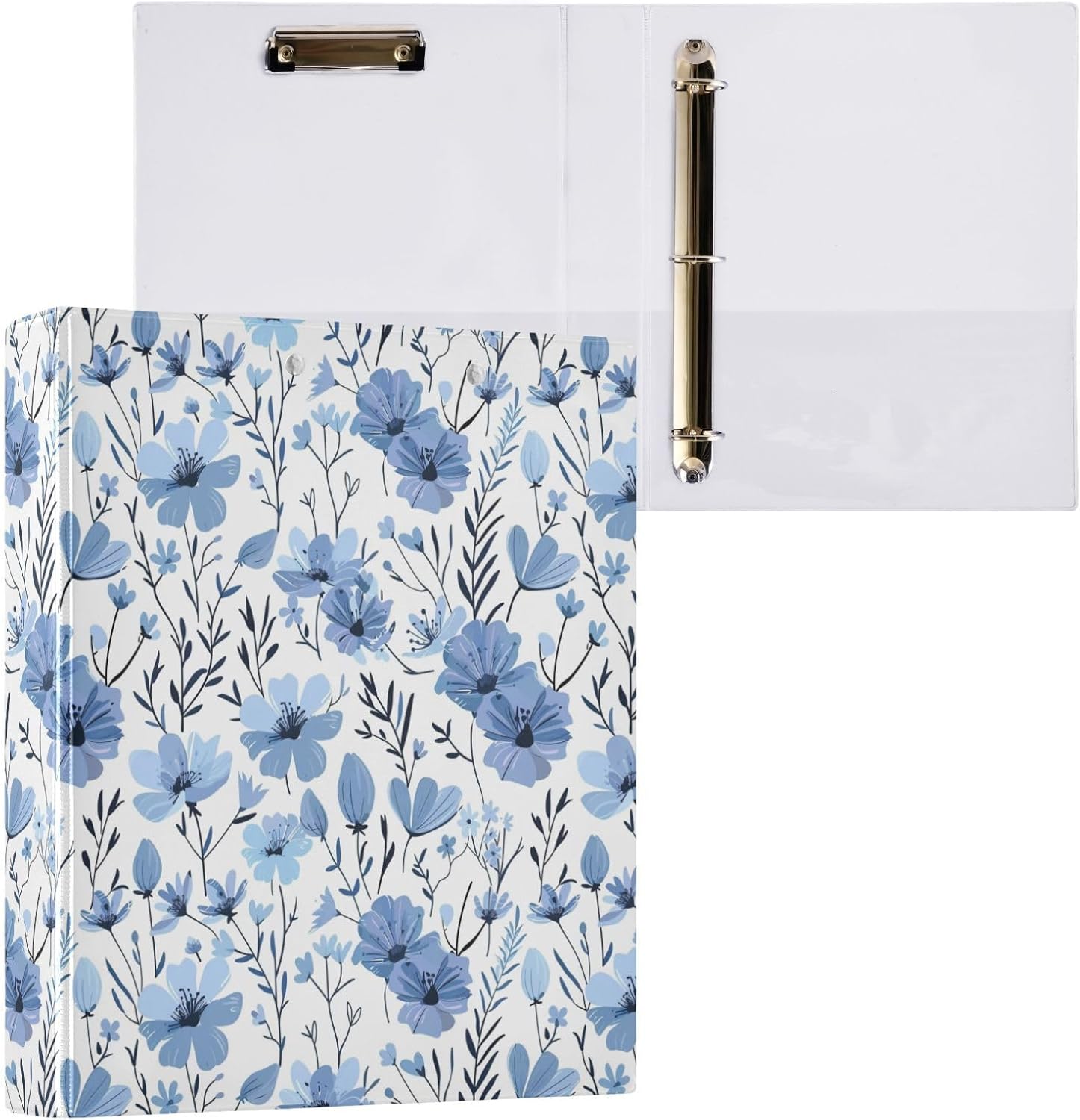 3 Ring Binder 1 Pack Blue Dainty Floral with 2 Pockets Design Three Ring Binder with 1.5 inch Round Ring for School or Office Supplies