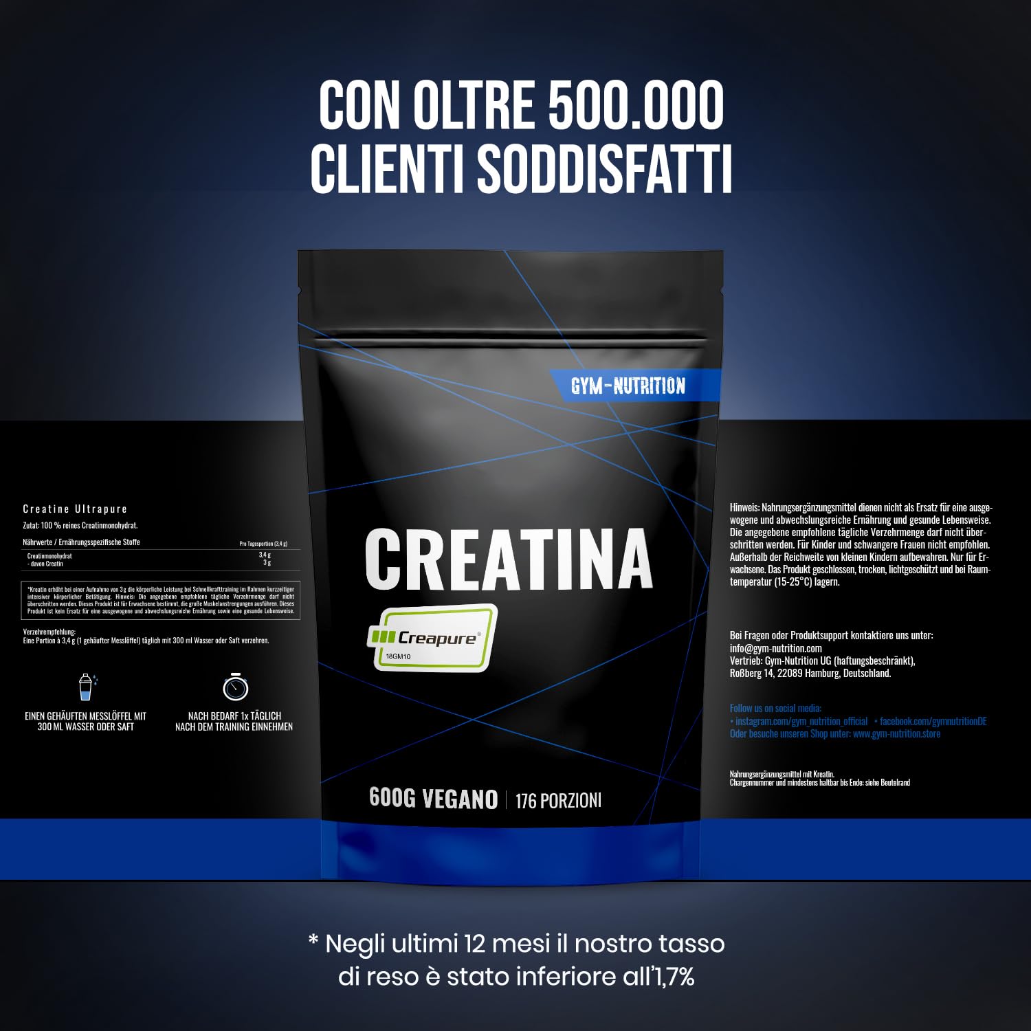 Creatina Creapure® in Polvere – 600 g – 176 Porzioni – Creatina Monoidrata Creapure – Vegana – Prodotta in Germania – Creatine Monohydrate