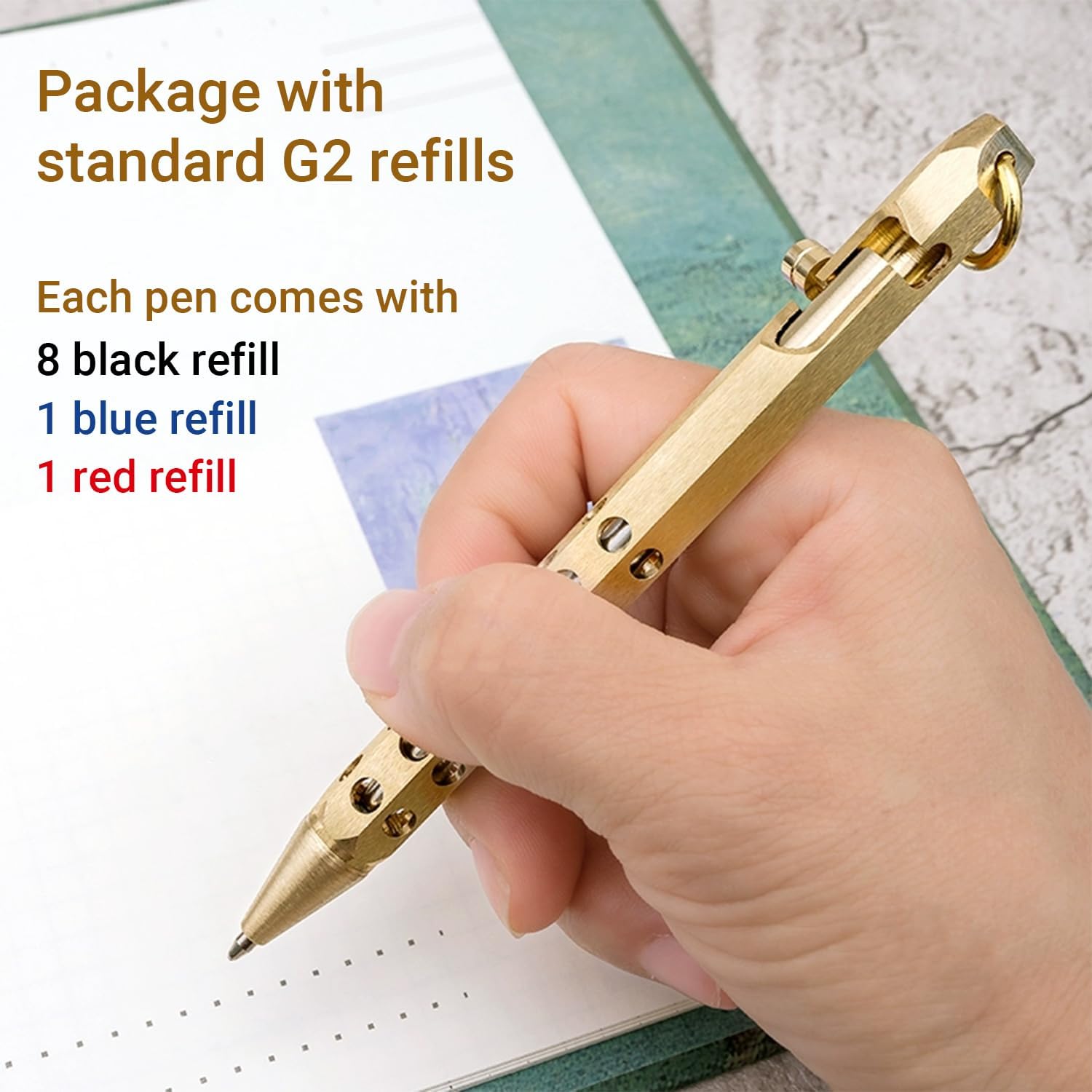 Origin-Joy 3 Pack Bolt Action Pen Set, Six Edge Solid Brass EDC Pocket Tactical Pen With 30 Ballpoint Refills (Natural Brass & Retro Black & Nickel Gray)