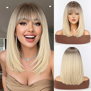 HAIRCUBE Staright Wig with Bangs Synthetic Mid-length Layered Wigs for Women Blonde Color