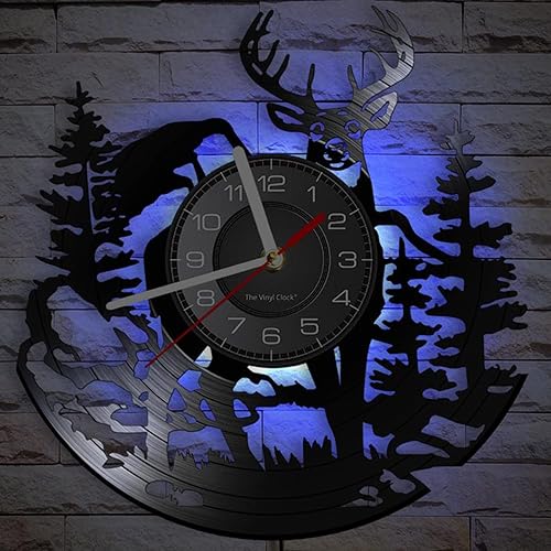Miniatura 4 de Reloj de pared de vinilo LED de caza de ciervos con 7 colores que cambian de álbum reutilizado, naturaleza, vida silvestre, paisaje, sombra de alce,