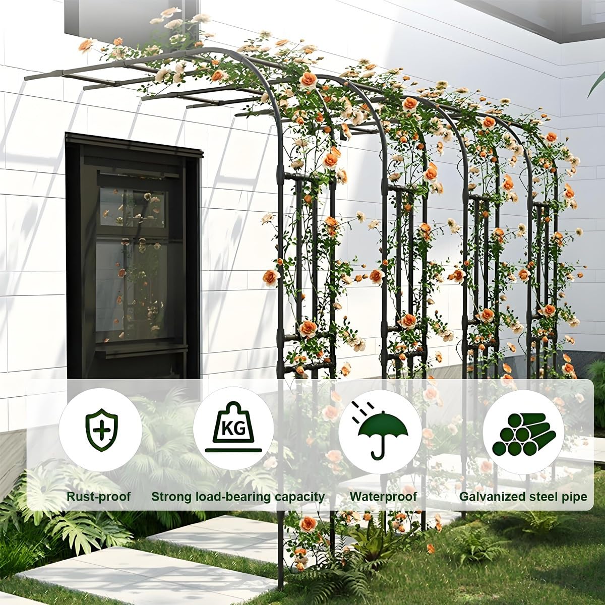 Łuk ogrodowy, kratka do roślin pnących, półboczna metalowa altana do róż i winorośli, solidna pergola zewnętrzna, zielona, szer. 2,7 x wys. 2,40 m, idealna na wesela i dekoracje ogrodowe