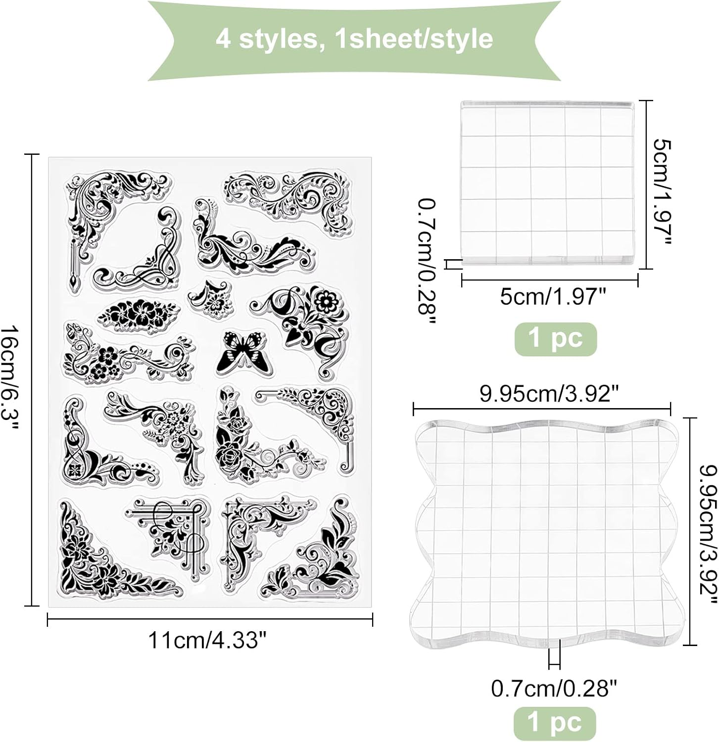 GLOBLELAND 4 Sheets Flower Corner Silicone Clear Stamps with 2pcs Acrylic Blocks Flowers and Plants Transparent Silicone Stamp for DIY Scrapbooking Journal Card Making