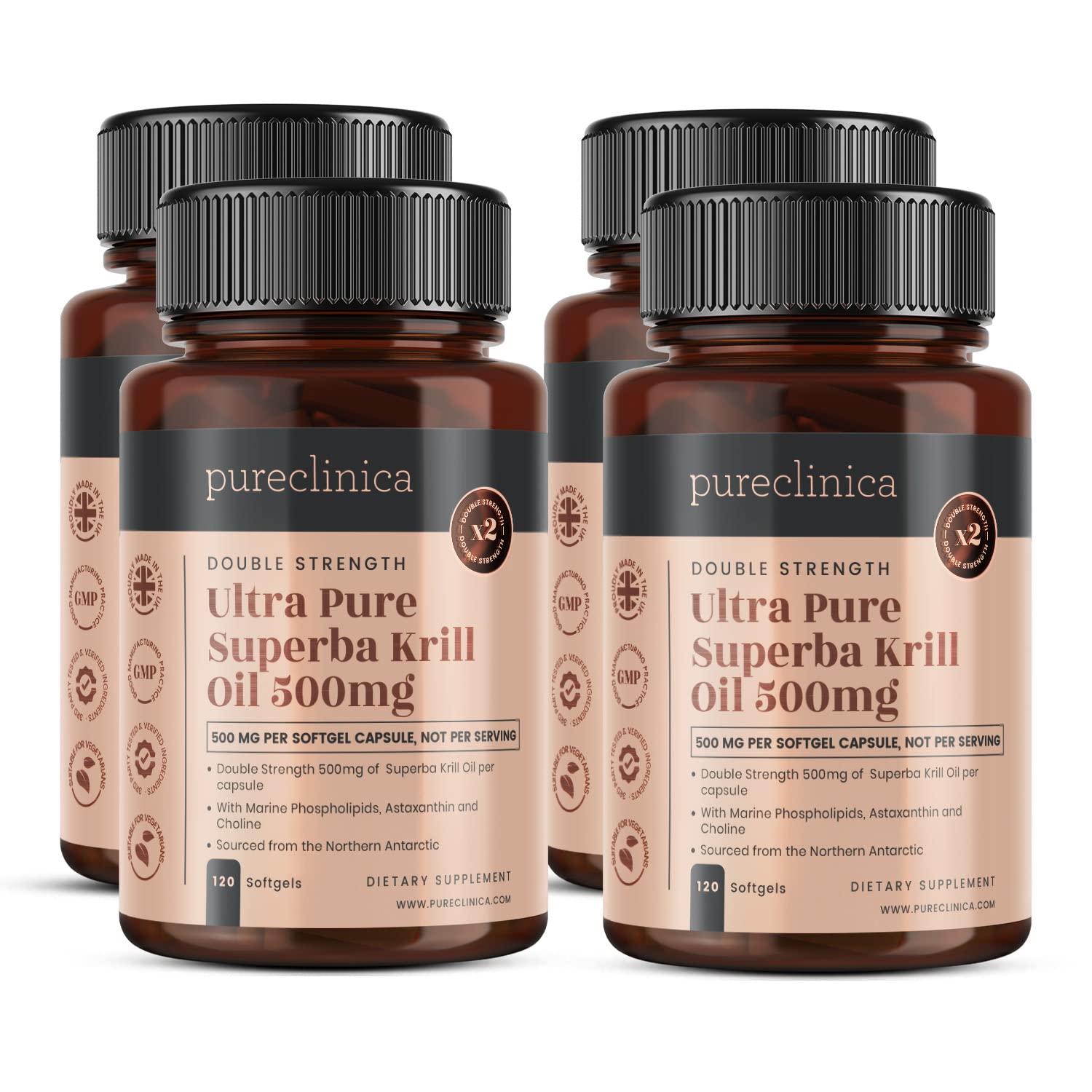 Ultra Pure Superba Krill Oil 500mg x 480 Capsules (4 Bottles) - sourced in The unpolluted Waters of Antarctic Providing a Rich Supply of Astaxanthin and Omega 3