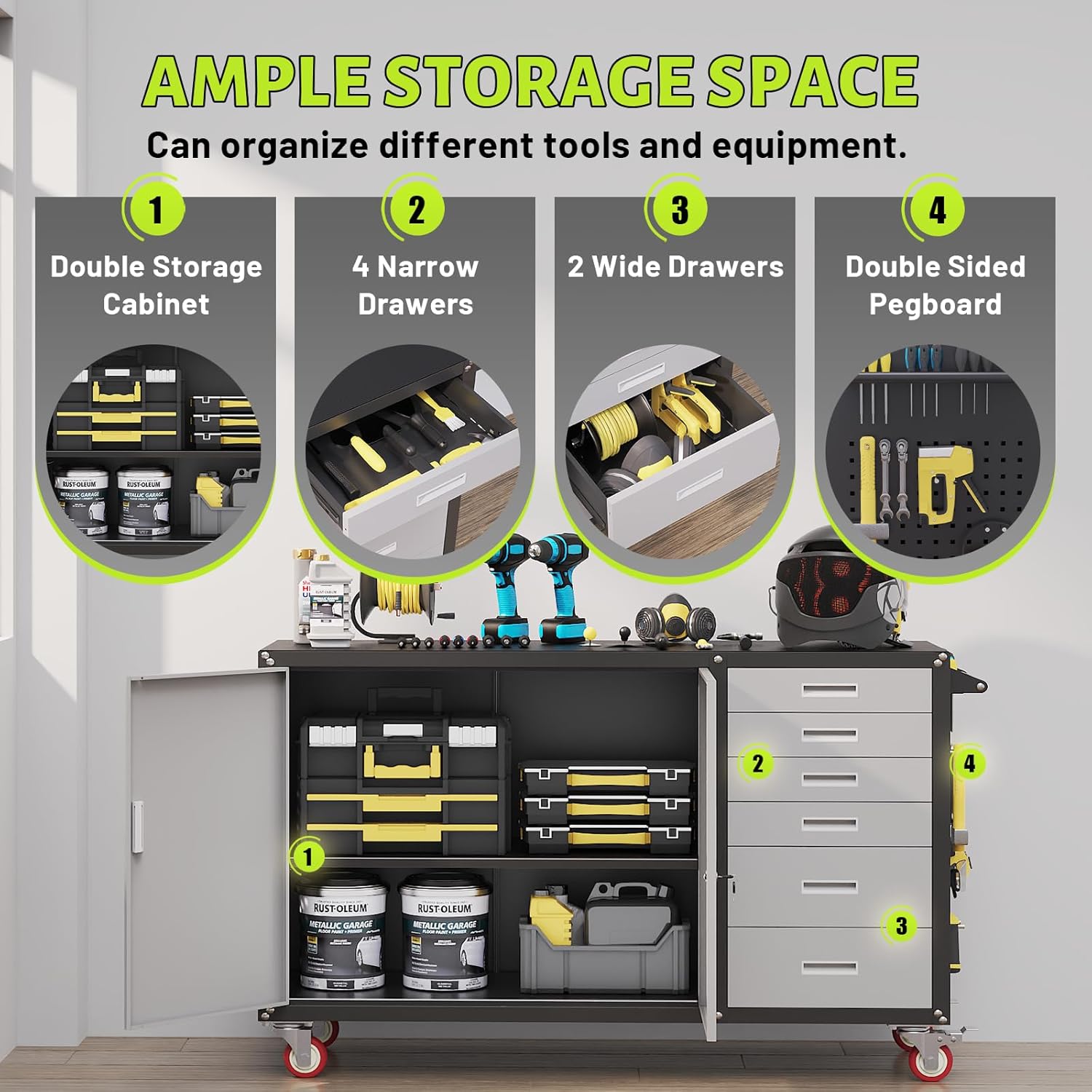 55"W Heavy Duty Rolling Workbench with Drawers and Storage,1000 LBS Capacity Work Bench with Lockable Cabinet & Adjustable Shelf,Garage Workbench with Pegboard & Wheels for Garage/Repair Shop