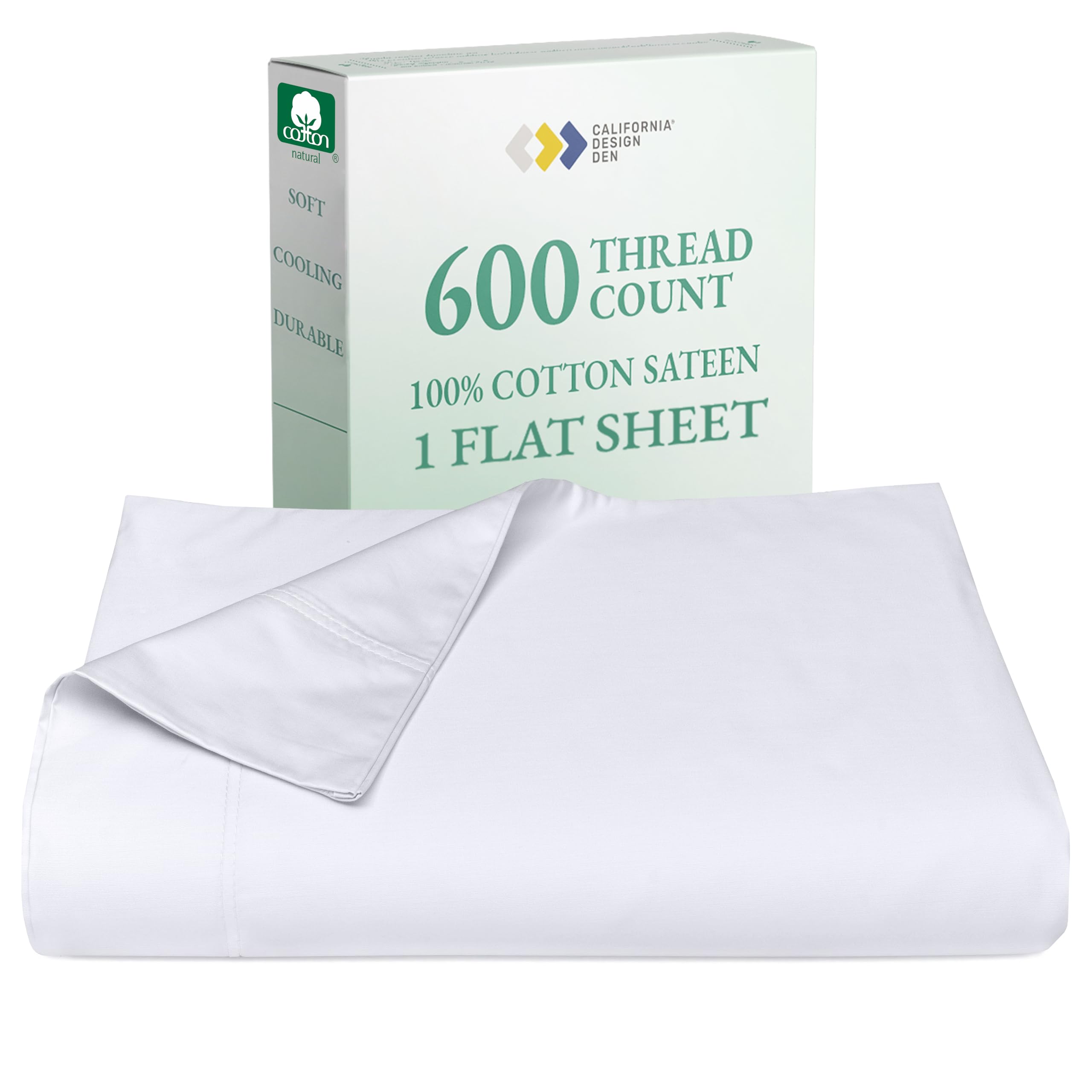 Queen Size Flat Sheet Only - 100% Cotton, 600 Thread Count, 1 Piece Top Sheet, Extra Soft Bed Sheet, Breathable Sateen, Premium - Bright White