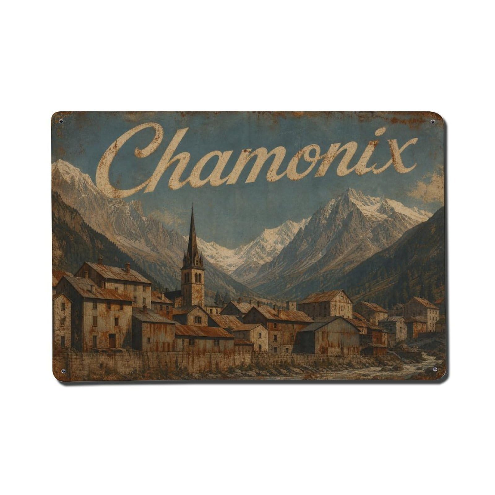 Vintage Travel Chamonix Mountain Valley Village France Metal Tin Sign