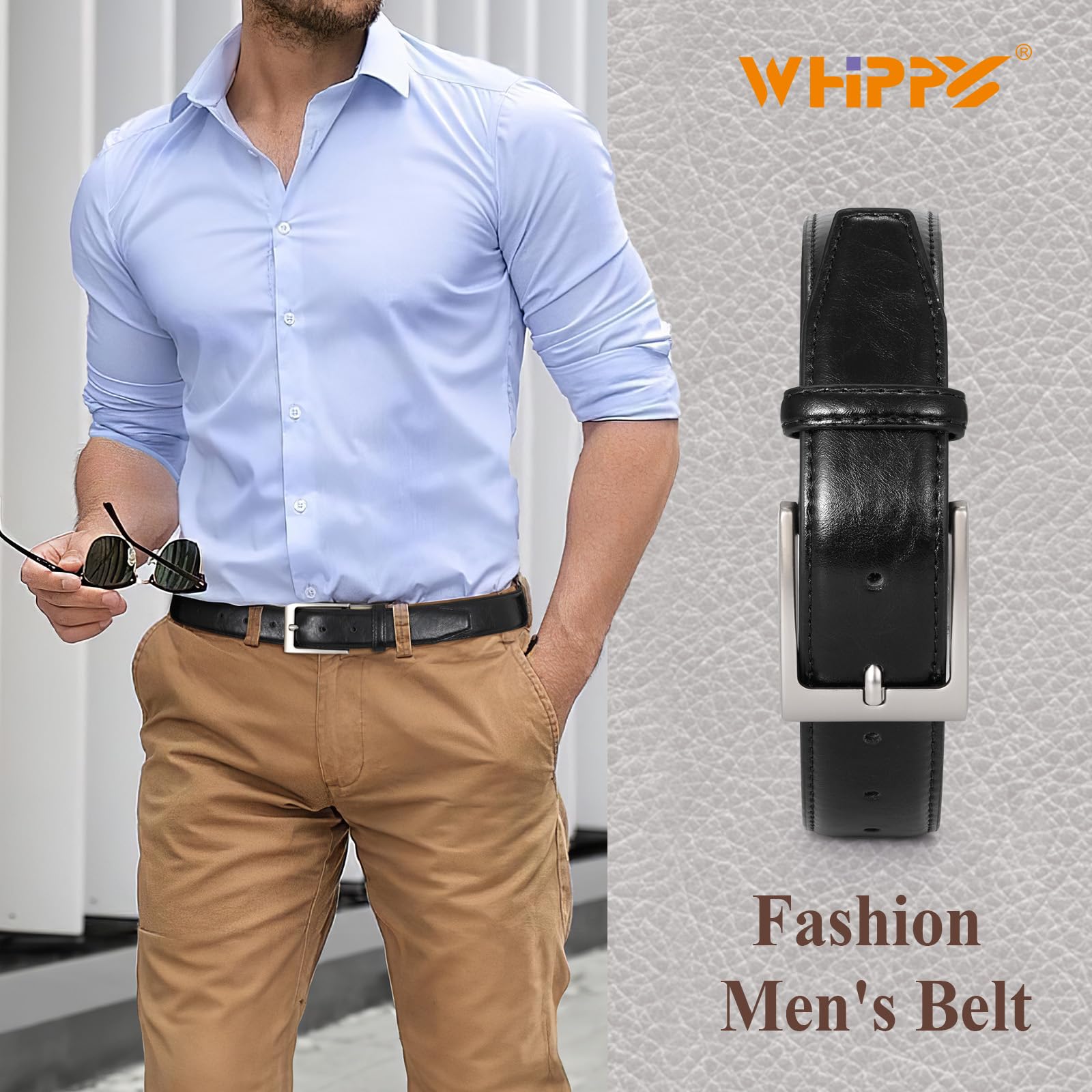 Cinturón de cuero casual para hombre, cinturón de vestir de cuero, clásico para todos los días, cinturón de jeans para hombres, trabajo y negocios, Negro - 5