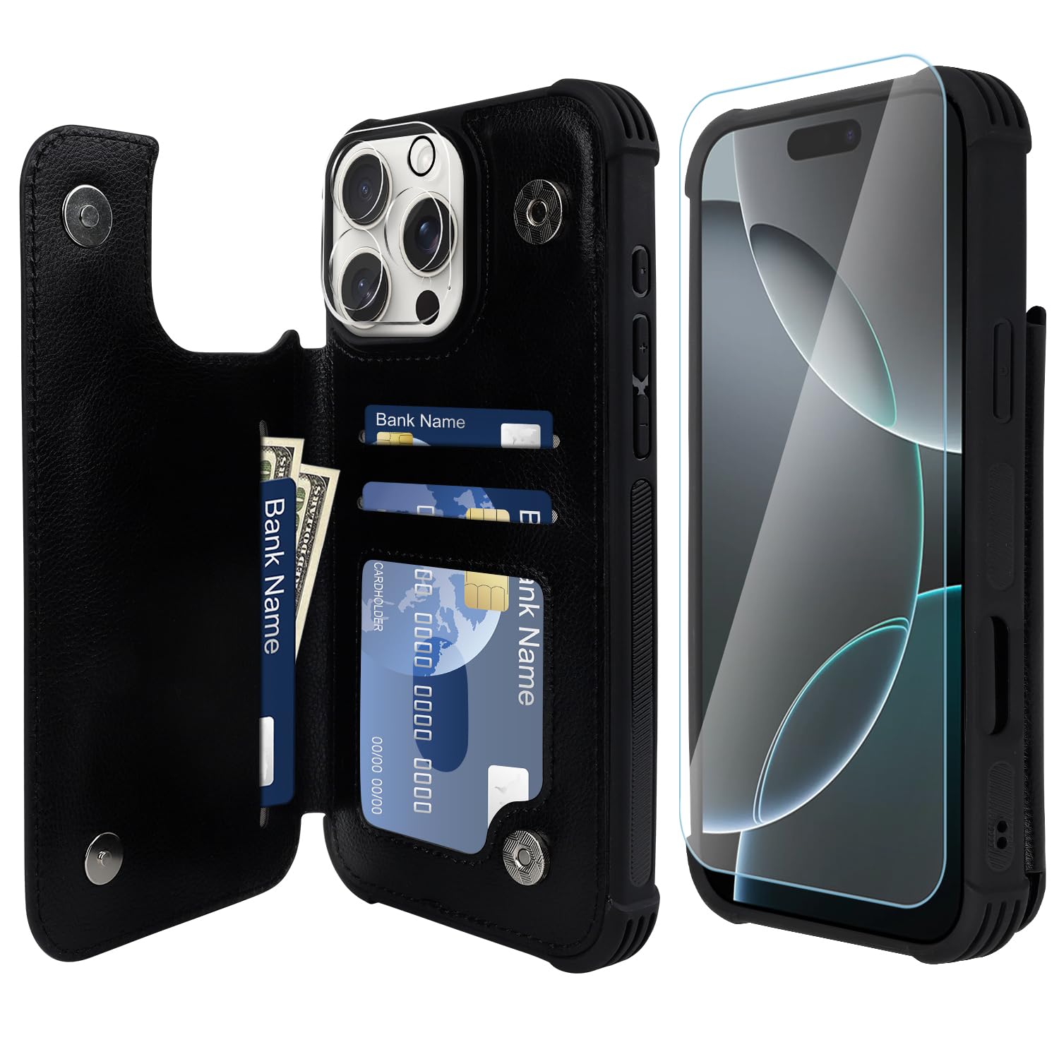 VANAVAGY Compatible for iPhone 16 Pro Wallet Case with Credit Card Holder,Rfid Leather Flip Folio Phone Cover Fits Magnetic Car Mount and Stand with Screen Camera Protector,Black