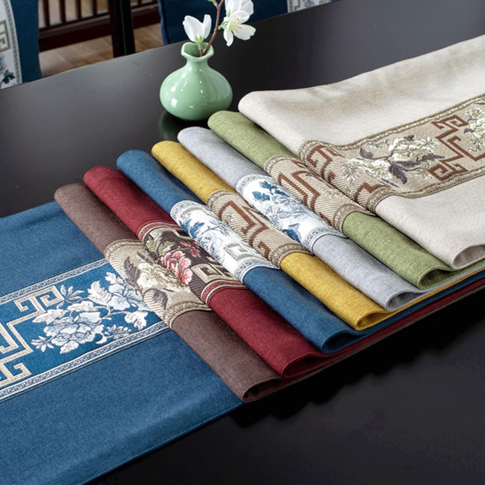 Tischläufer Landhausstil Blau mit Geblümt,Leinen Baumwolle,33x280cm