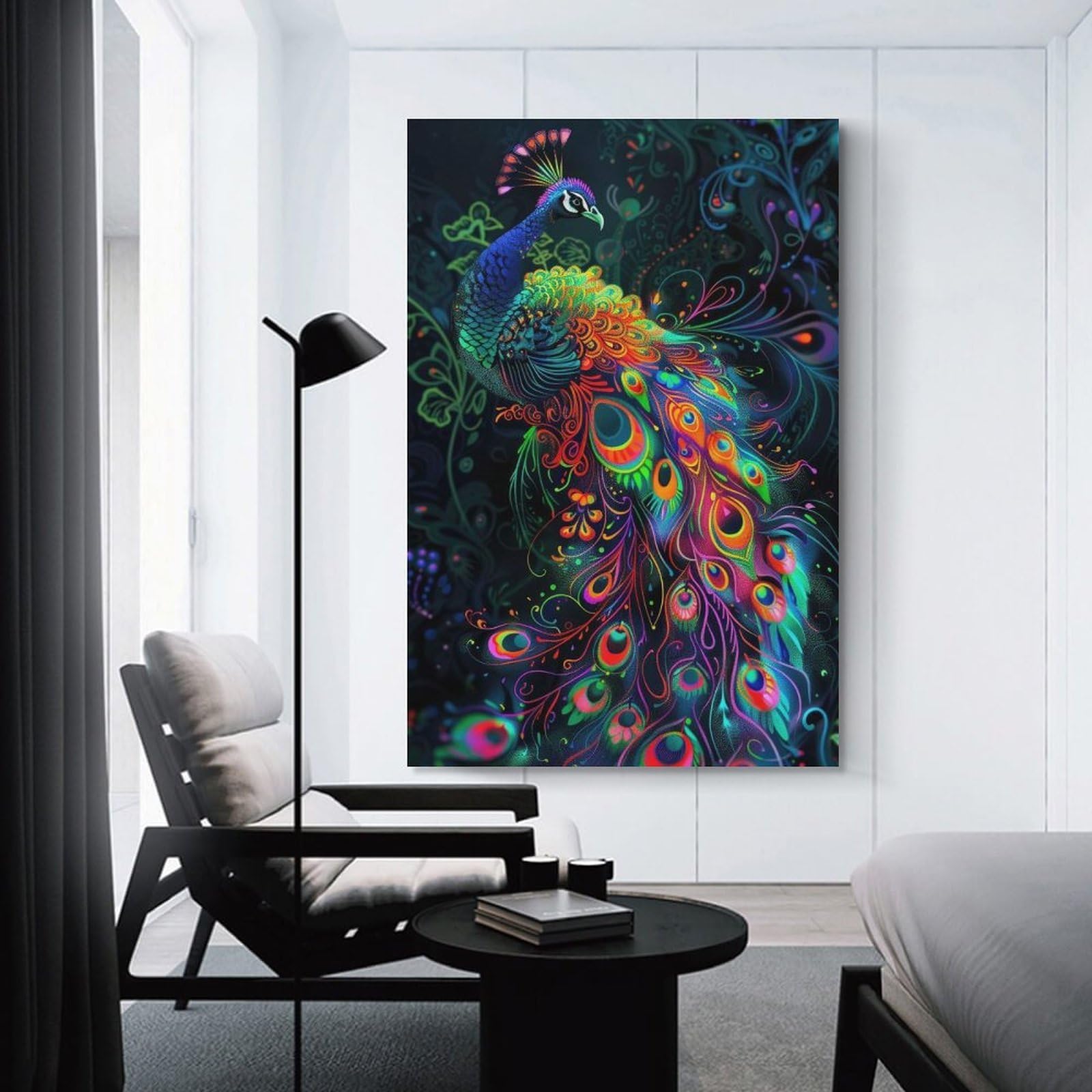 Junmoney Art Nouveau Neon Peacock Wall Picture Print 20x30inch(50x75cm), for Entryway, Lounge Links Or Small Walls, Decorative Wall Art for Narrow Spaces