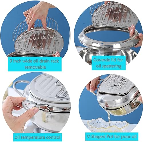 Miniatura 4 de Olla grande de Tempura con tapa. Olla profunda con termómetro (F) y estante de drenaje de aceite para familias de 4-6 personas de 11 pulgadas y 4.4