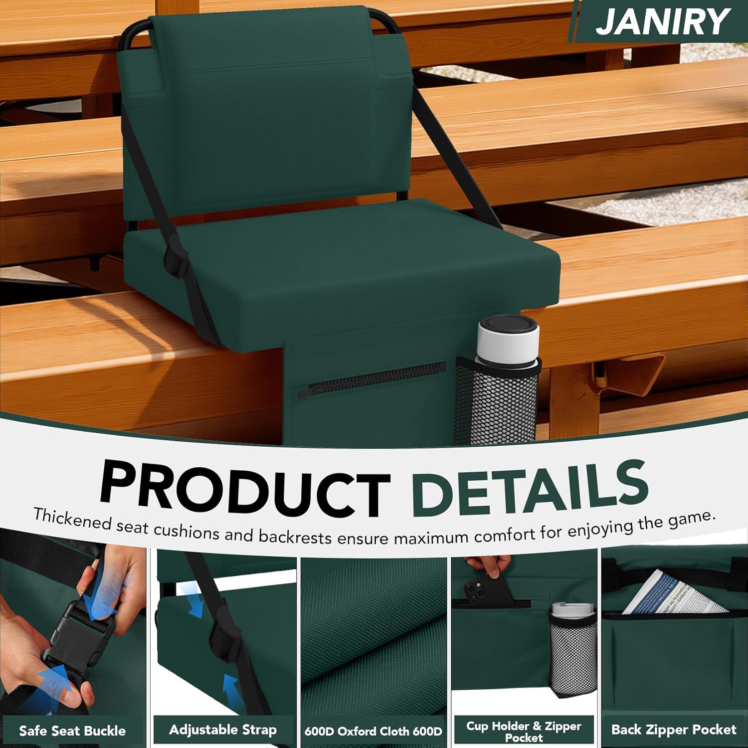 Stadium Seats with Back Support 1PACK Adjustable Bleacher Chairs with Back and Cushion Bleacher Seat with Cup Holder, Carry Handle & Shoulder Strap for Outdoor Sports Events, Picnics
