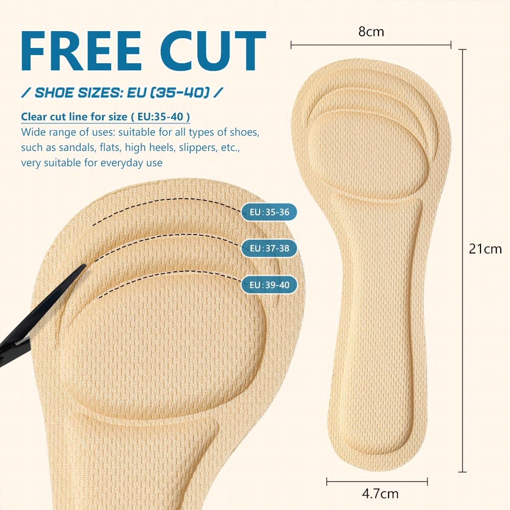 XINIFOOT 4 paia di inserti per tacchi alti da donna, lunghezza 3/4, sottili solette per scarpe con tacchi alti, décolleté, dita aperte, scarpe basse e sandali, cuscino per tallone e pianta del piede