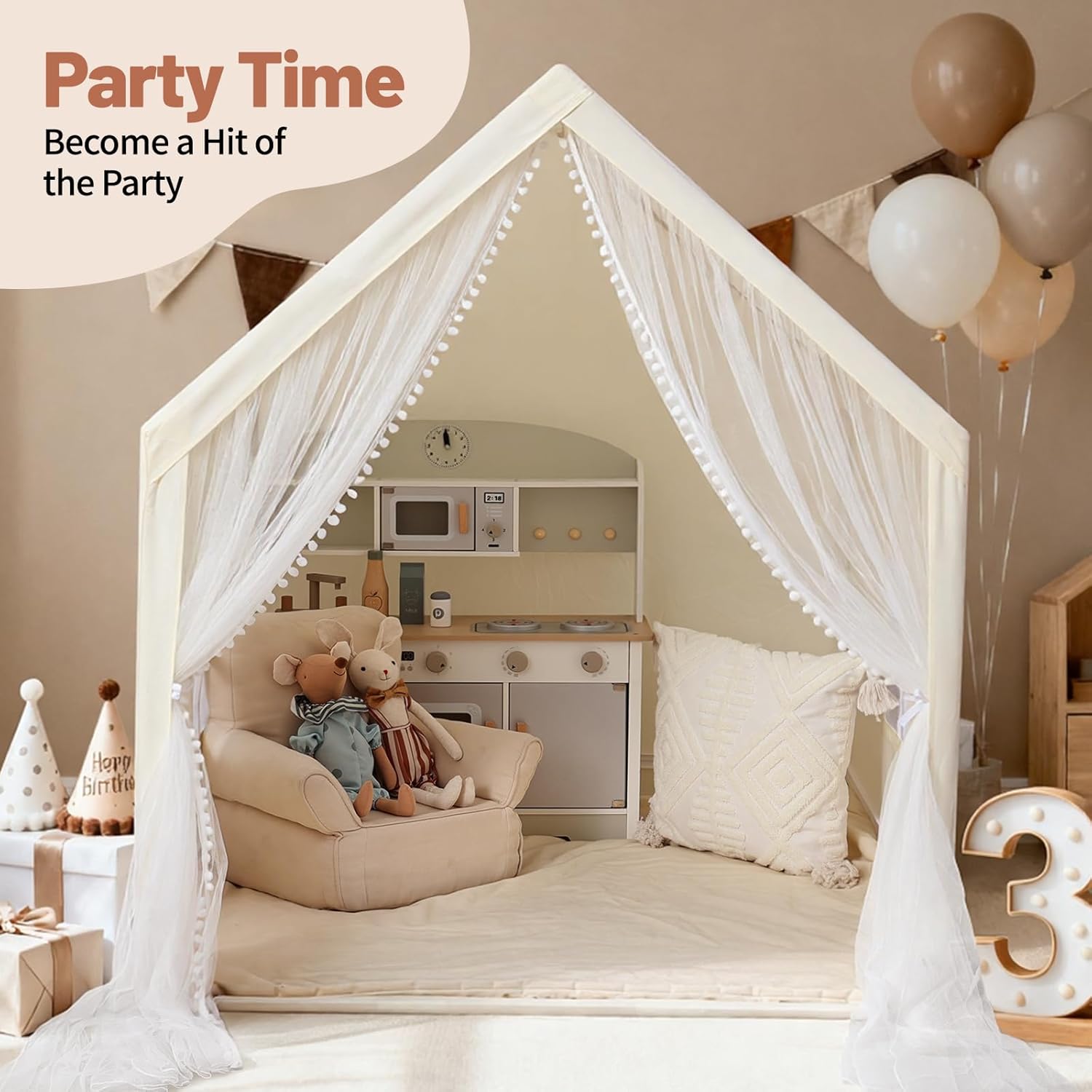 Monobeach Kids Tent Beige Play Tent with Long Mesh Curtain Large Playhouse for Indoor Outdoor Play Cottage Castle Toy for Girls Boys House Gift (Beige Kids Play Tent)