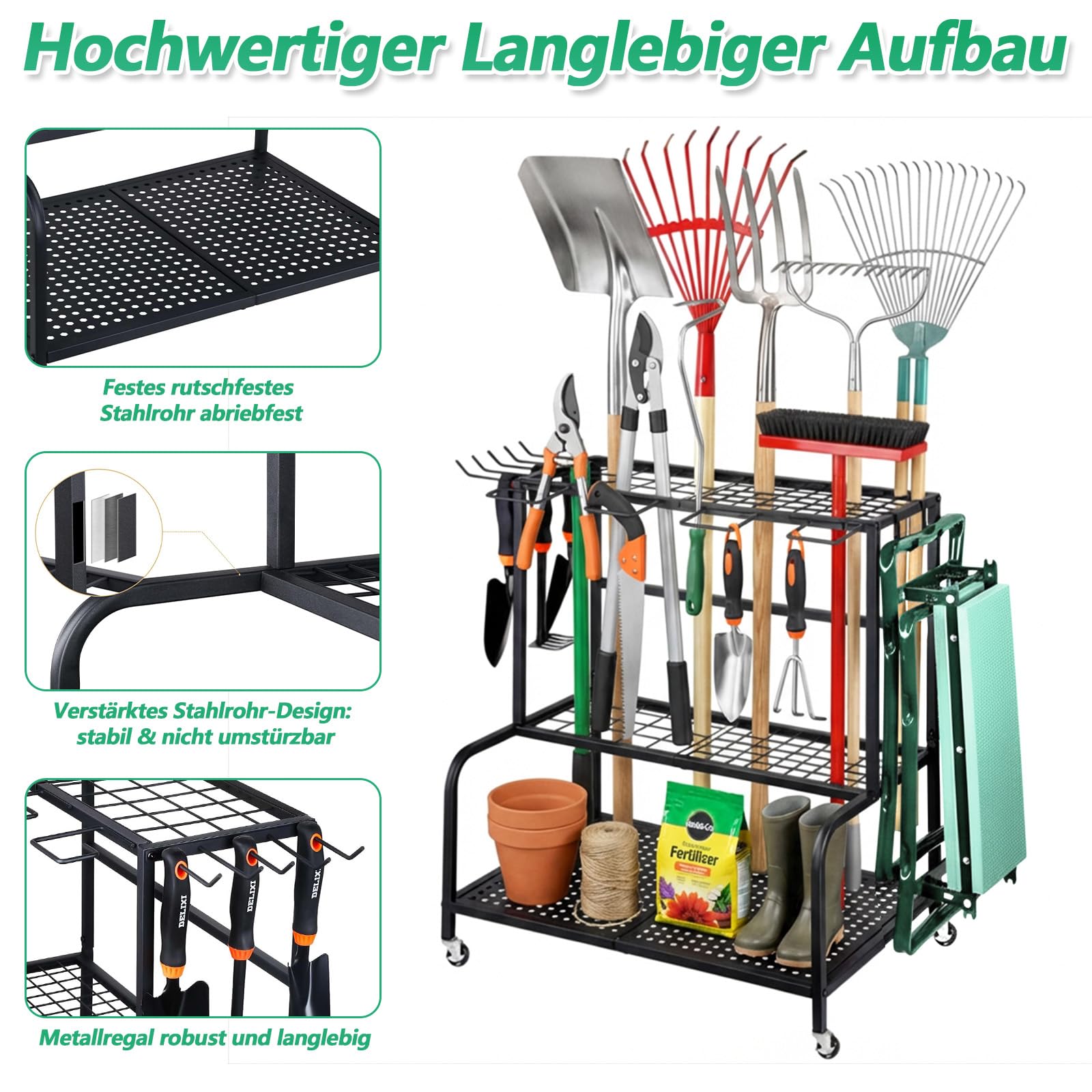 Gartengeräte Ständer 61X41X66cm Gerätehalter Organizer mit 78 Ablagefächern, Gartengeräteaufbewahrungsregal mit 11 Haken und 360° Schwenkbaren Rädern, Metall Gartenwerkzeug Halter Schwarz