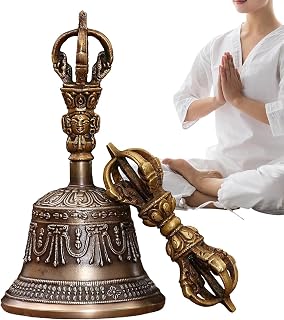 Campana de oración, mini campanas tibetanas Bajra Set | Instrumentos musicales budistas hechos a mano Dorje Vajra Cuenco tibetano para templos boda hogar Navidad