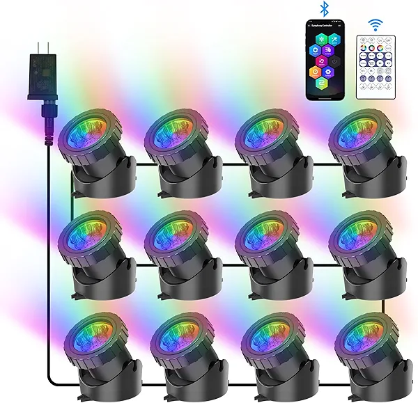 CREPOW RGB Underwater Pond Lights, Super Bright LED Submersible Fountain Lights Colored Landscape Spotlights, Bluetooth APP Control IP68 Waterproof for Fish Aquarium Tank Garden Yard Pool (Set of 12)
