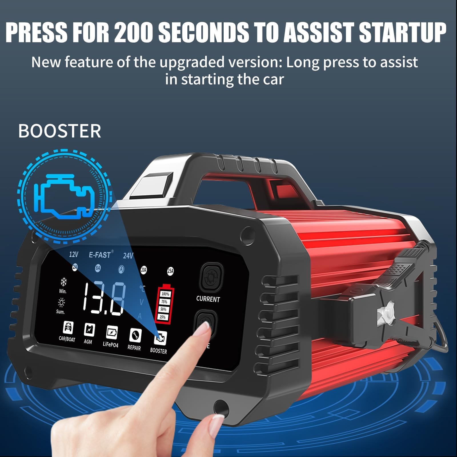 E-FAST Caricabatterie 25 A, caricabatterie all-in-one da 12 V/24 V, caricabatterie per LiFePO4, piombo acido, AGM, batterie al litio, marine, barche e a ciclo profondo, corrente regolabile a 5 livelli