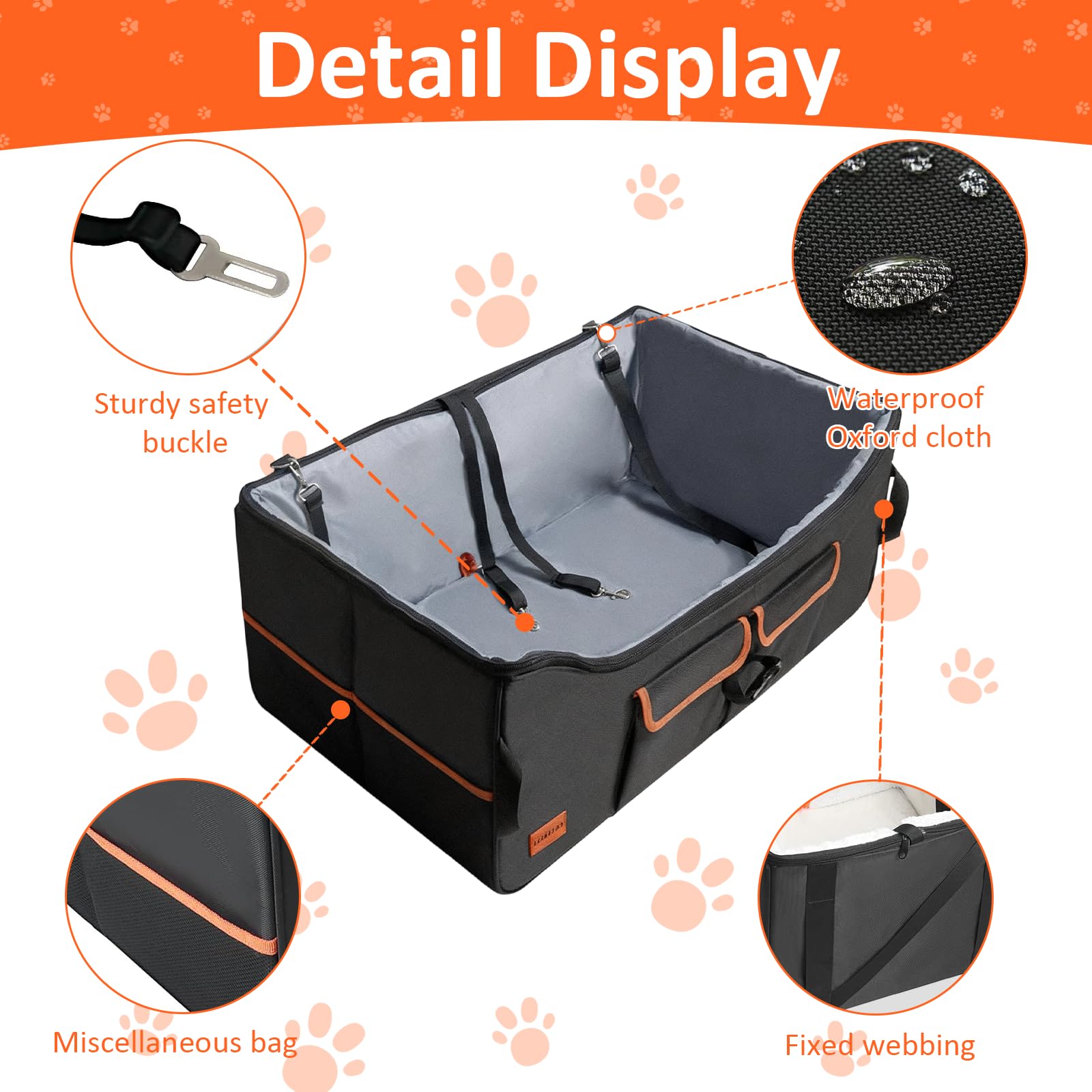 Hunde-Autositz für kleine/mittelgroße Hunde, erhöhter Haustier-Autositz mit Aufbewahrungstaschen, Hundebett mit Sicherheitsleine, Reisebett mit Sicherheitsleine, Welpenautositze für Rücksitz, 68,6 x