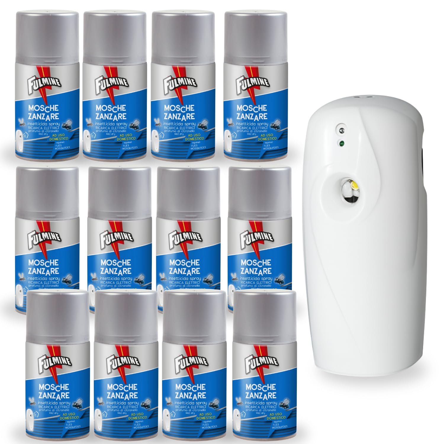 Virsus 12 Bombolette Fulmine Insetticida Mosche & Zanzare 250ML CON 1 Erogatore Automatico night and day - F