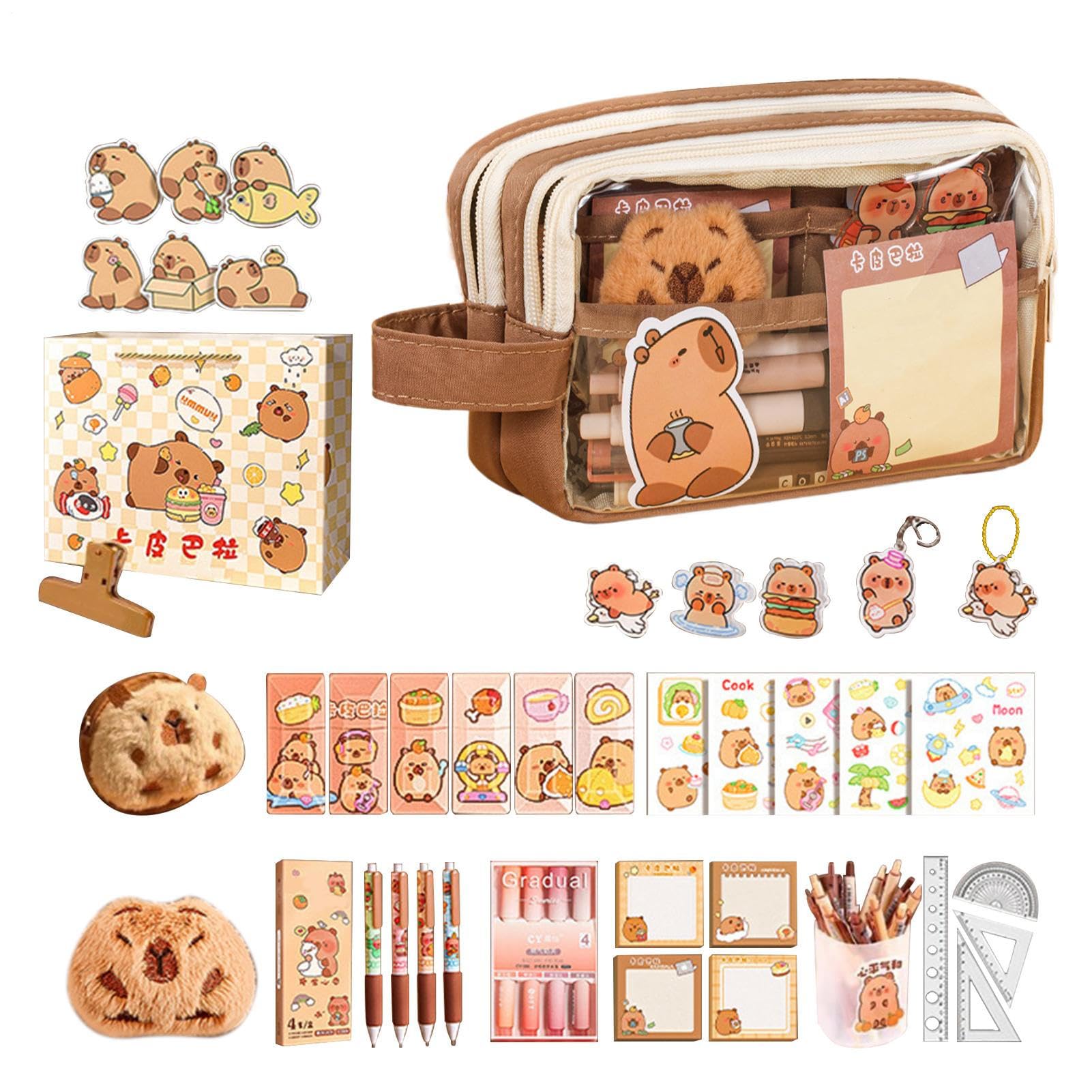 Generisch Estuche de lápices Capybara - Estuche múltiple con pegatinas | Bonito juego de papelería de animales | Para la escuela, enseñanza, habitación infantil, adolescentes, estudiantes, regalo de