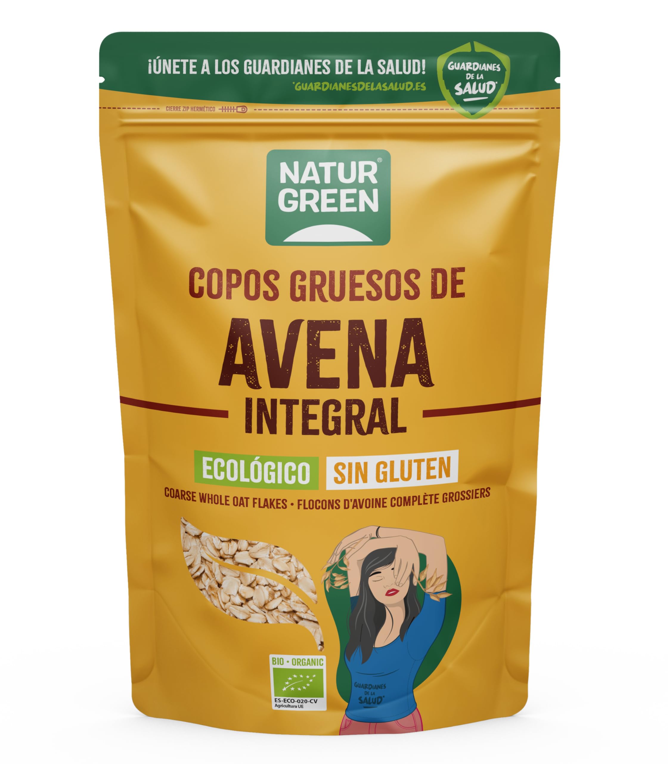 NaturGreen - Copos De Avena Gruesos, Avena Sin Gluten Bio, Integral, Ideal para Desayuno, 100% Ecológico - Pack 8 unidades de 1 Kg