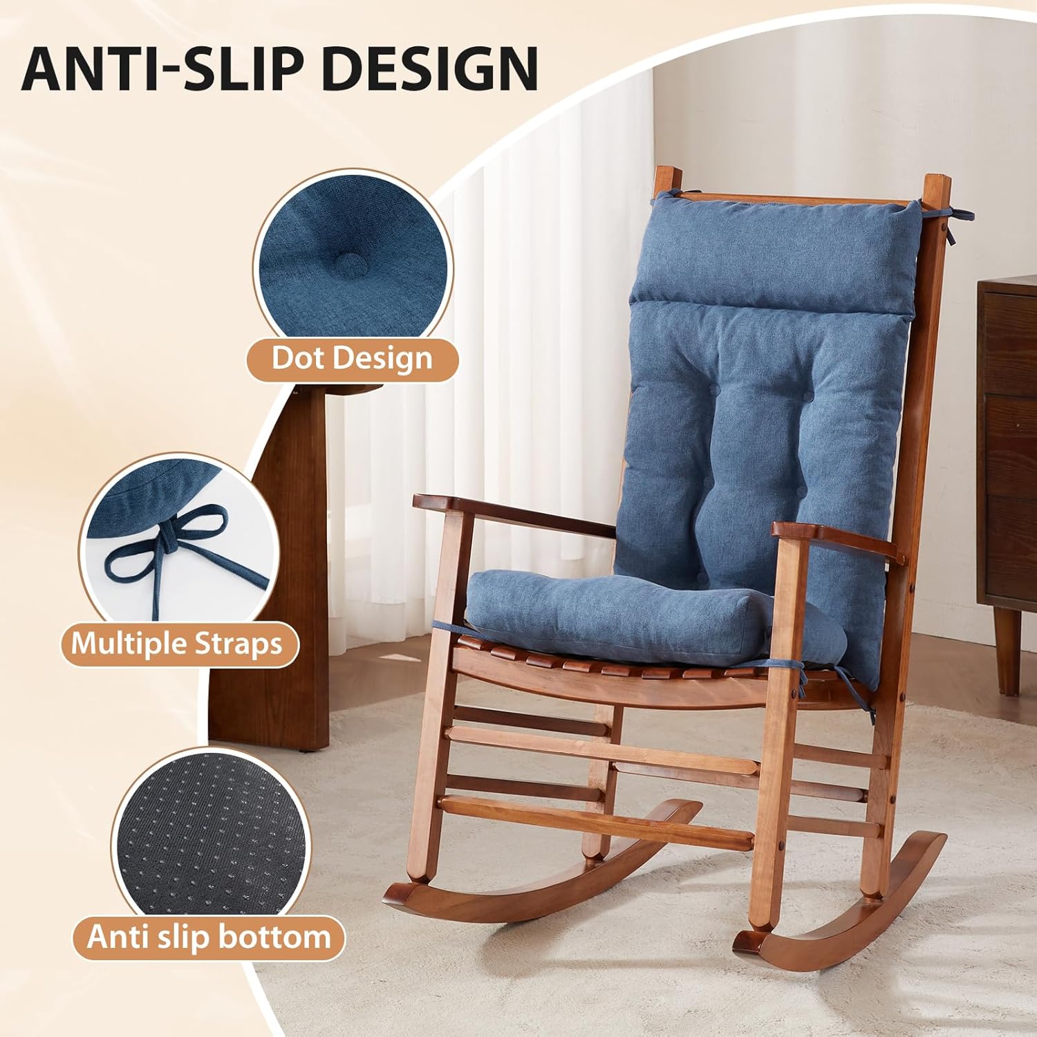Rocking Chair Cushions Outdoor & Indoor, Patio Glide Porch Outdoor Rocking Chair Cushions Set of 2 with Ties, Seat & Back Cushion for Rocker