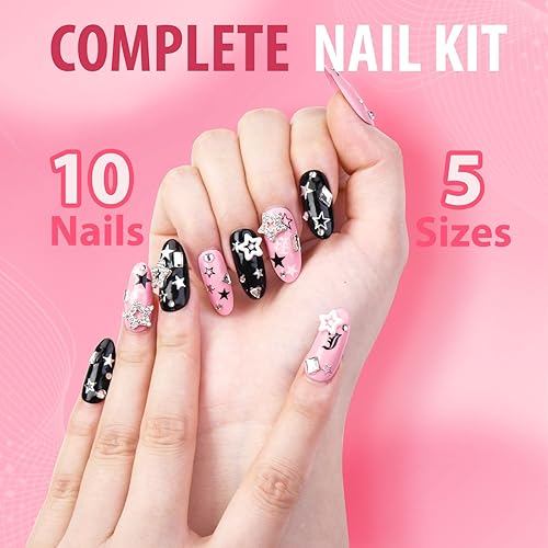 Miniatura 3 de Yasterd Uñas postizas a presión de almendra mediana con diseño de corazón malvado, 100% pintadas a mano, gel reutilizable, acabado UV, uñas postizas