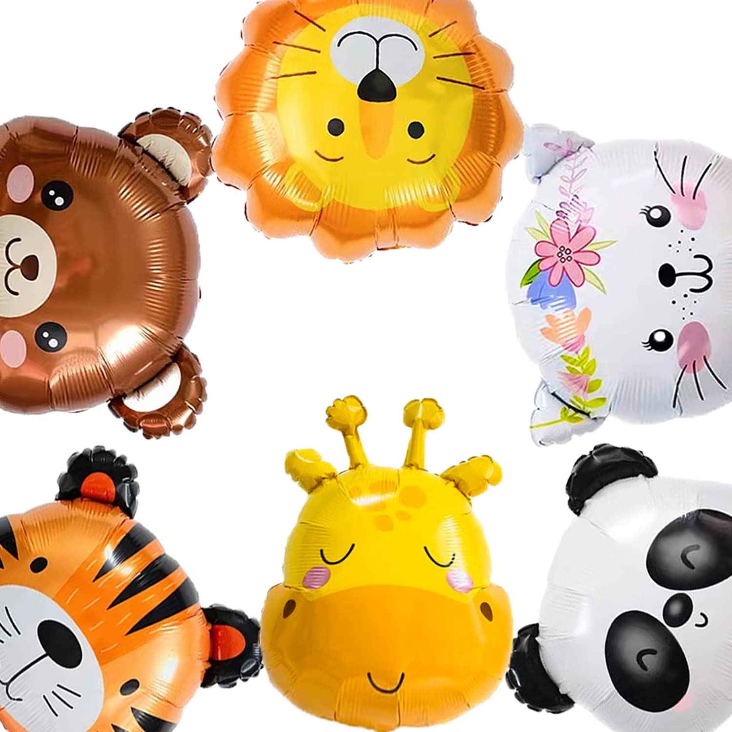 Gallasy 6pcs Giant Zoo Animal Head Balloon, Helium Foil Safari Animal Balloons, Cat, Giraffe, Brown Bear, Tiger, Lion, Panda Balloon for Kids Birthday Party, Zoo Animal Party, Baby Shower
