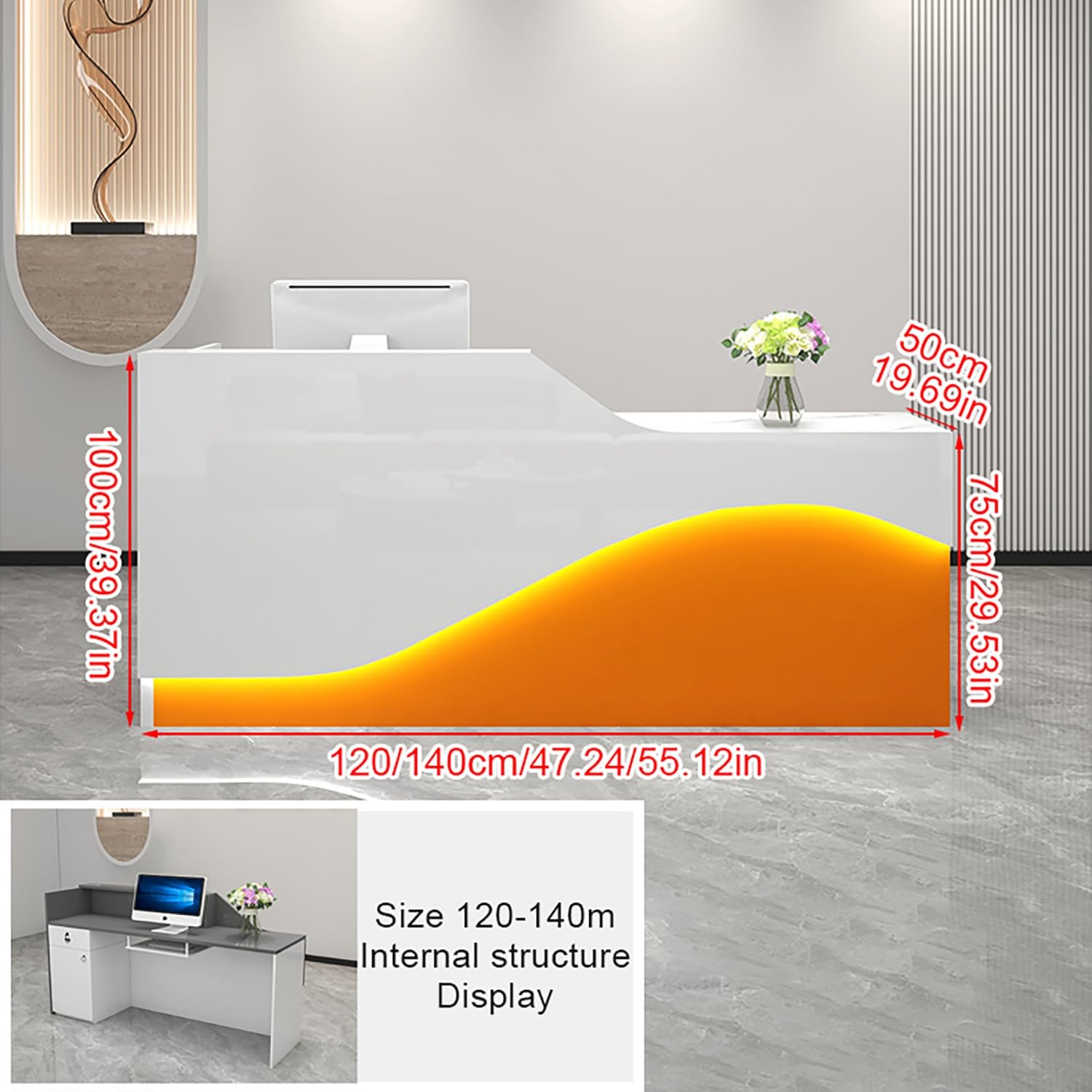 Scrivania Reception Ufficio Banco Vendita Banconi per Reception Grandi con Cassetto Bloccabile e Vassoio per Tastiera e la Luce per Ufficio Sale Aziendali Hotel.(White,140x50x100cm)