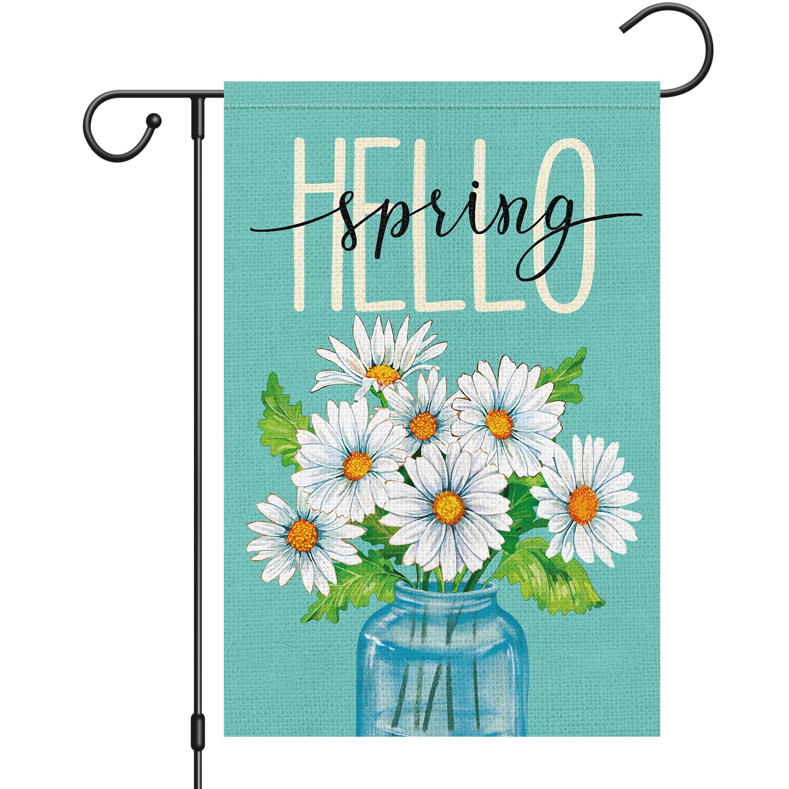Heyfibro Hello Spring Garden Flag 12 x 18 Inch Burlap Double Sided Vertical Welcome Spring Summer Daisy Flags Vase Flower Garden Yard Flag for Seasonal Outside Outdoor Spring Summer Decoration (ONLY