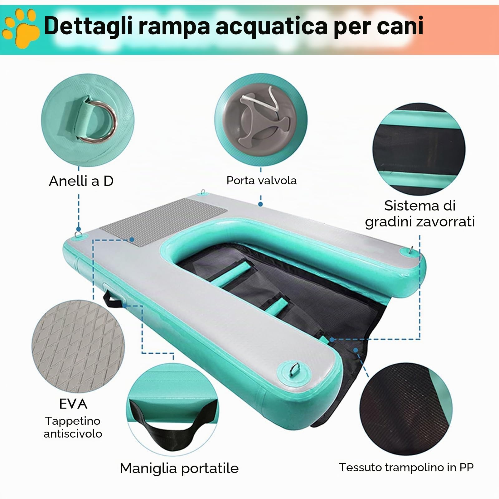 Rampa Galleggiante Pieghevole per Accesso a Piscina e Barca, Scala Antiscivolo Gonfiabile per Animali Domestici, Supporta Cani Fino a 60 kg