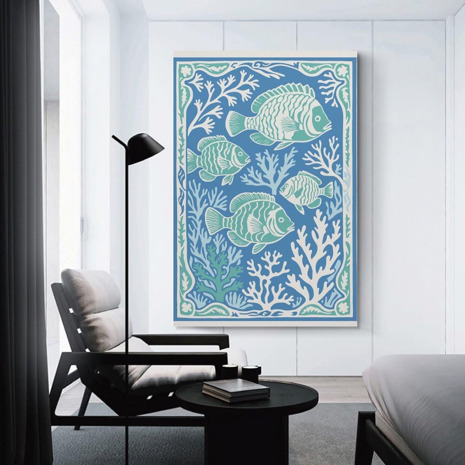 Junmoney Fish And Coral Illustration Canvas Art Print, 20x30inch(50x75cm), for Wall Displays, Bedrooms Or Room Updates, Home Wall Art for Statement Displays