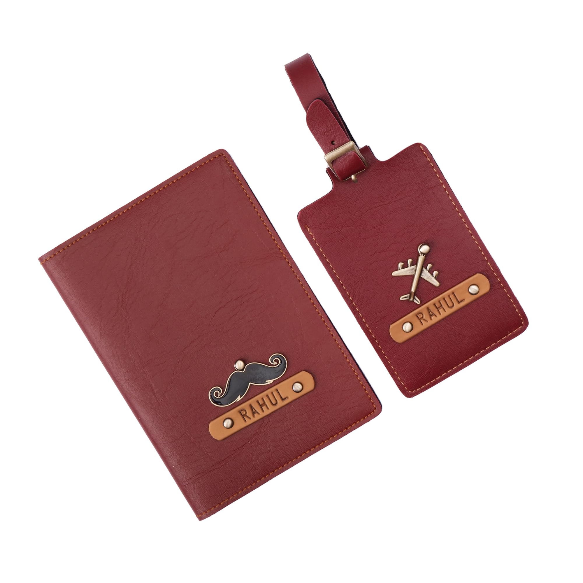 The Junket Personalized Passport Cover + Luggage Tag Combo with Name and Charms | Birthday Gifts for Men and Women (Dark Brown)