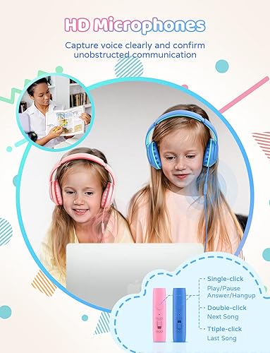 Miniatura 2 de Auriculares para niños con cable con micrófono, límite de volumen de 8594 dB, auriculares ajustables plegables para niñas y niños, conector de 0.138