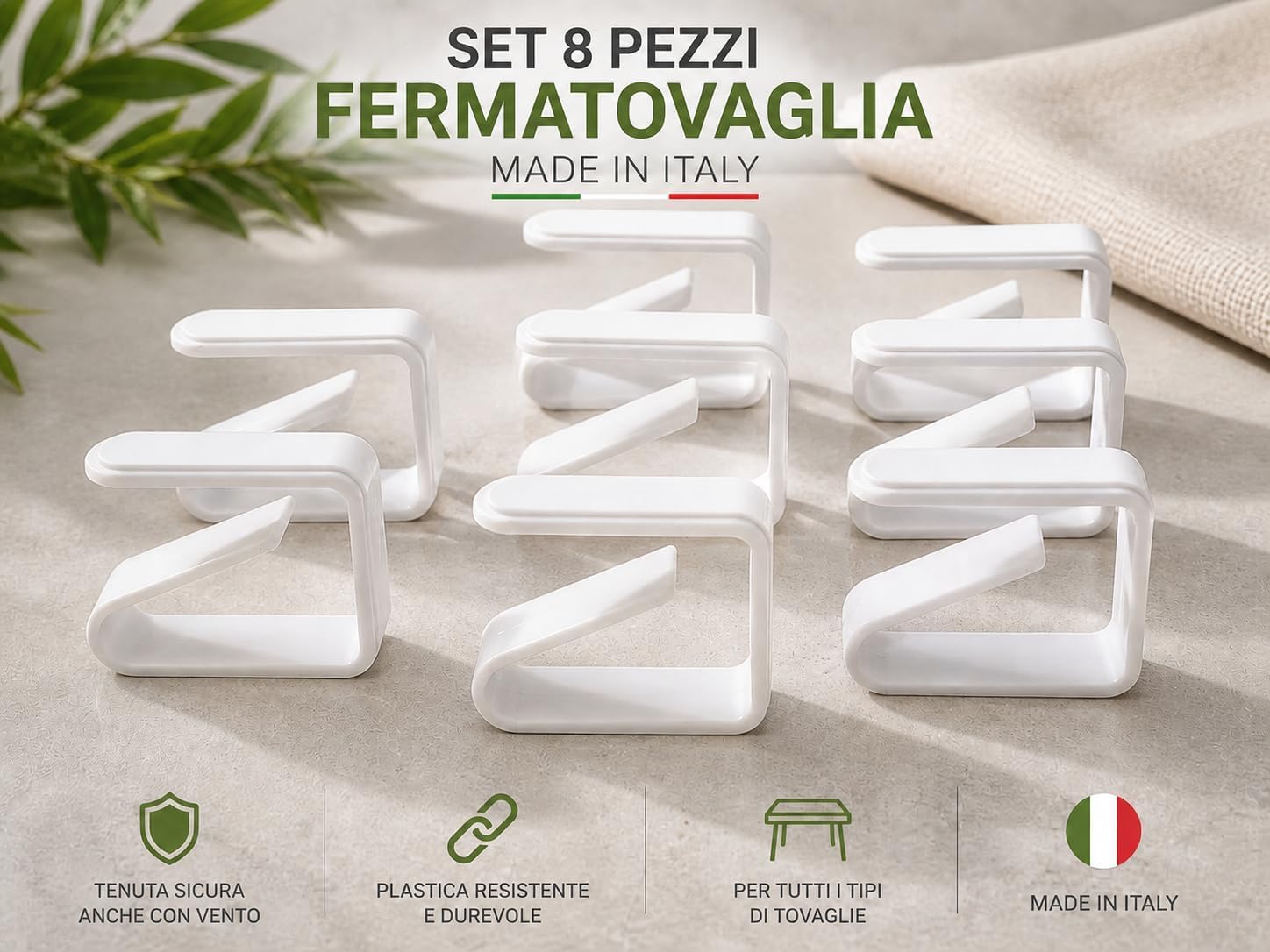 Set 8 Fermatovaglie in Plastica Bianca Made in Italy – Clip Ferma Tovaglia Resistenti, Adatti a Tavoli da 1 a 2,5 cm, per Casa, Ristorante, Catering ed Eventi