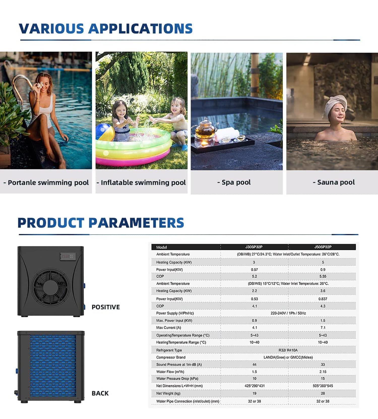 Pompe à Chaleur pour Piscine et Chauffe-Eau électrique pour Spa avec régulateur de température numérique, adapté aux piscines ≤ 15 m³