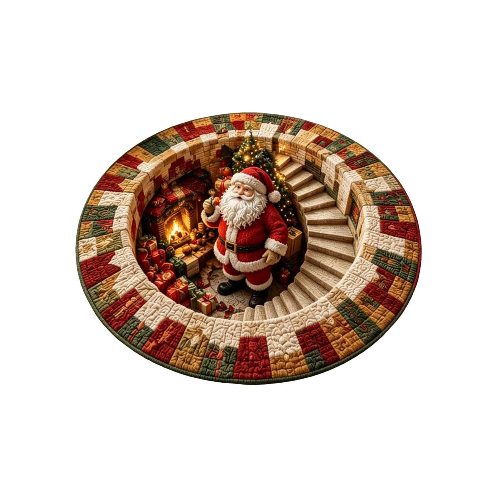 3D-Effect Christmas Rug, Optical Illusion Round Mat with Santa Vortex Design, Non-Slip Winter Floor Rug with Faceless Santa, Christmas Carpet for Home Living Room Christmas Decor, C