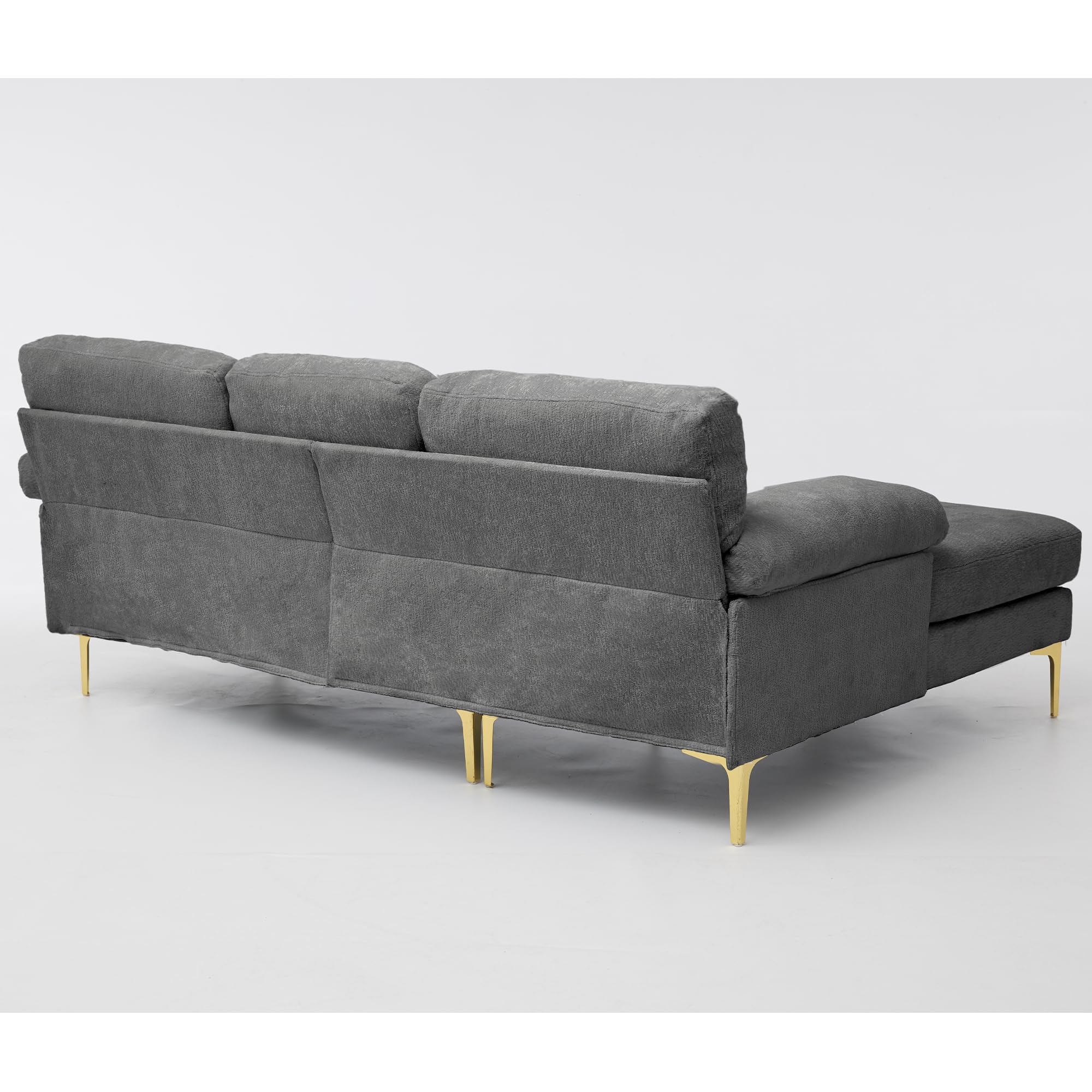 Azkoeesy Divano Angolare a L, 3 Posti, 187,5 cm, Tessuto Ciniglia, Chaise Longue Reversibile, Gambe Metalliche Dorate (grigio)