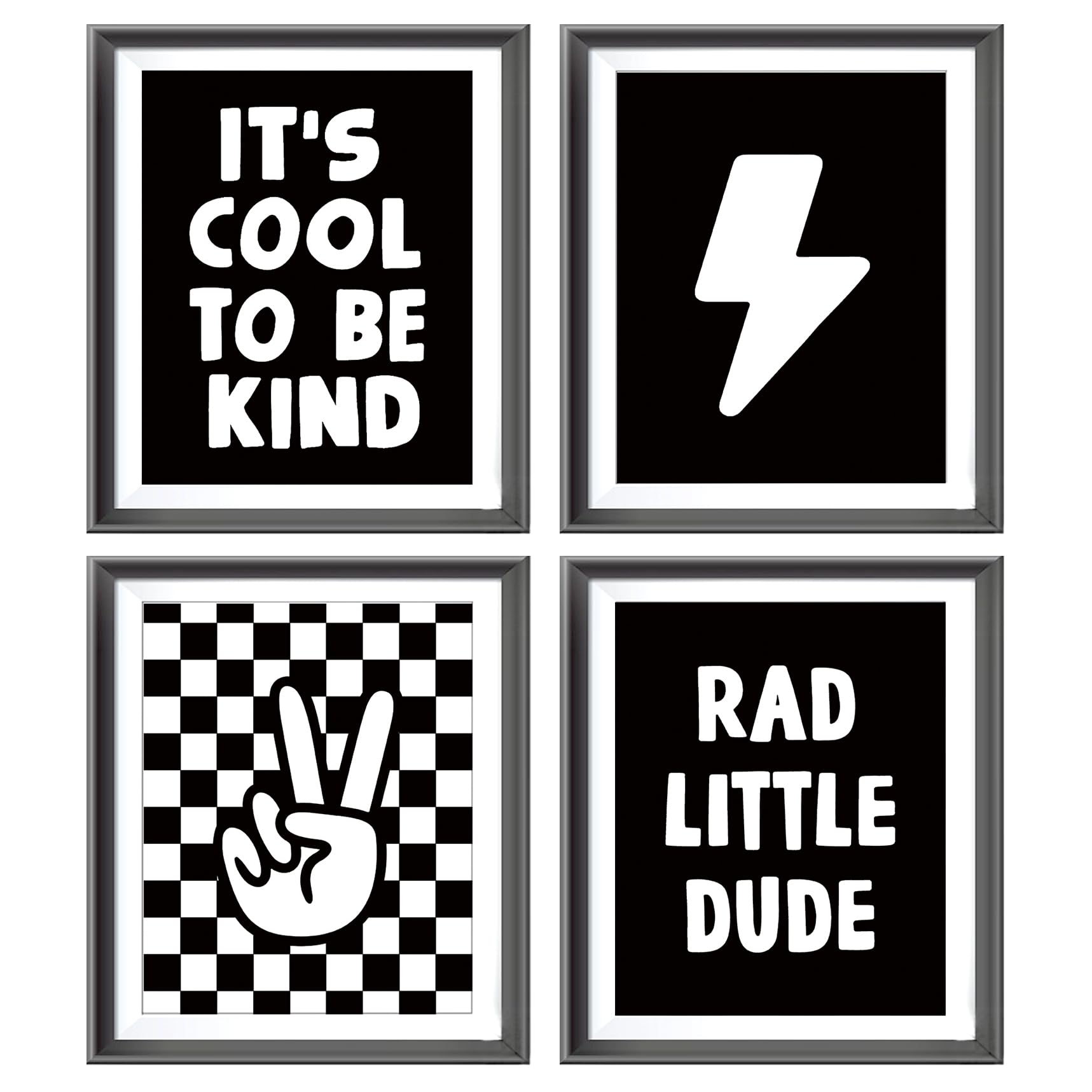 Retro Black White Checkered Preppy Lightning Peace Hand Sign Poster Prints for Boy Room Dorm Decor,Rad Little Dude Funny Decorations Prints Wall Art