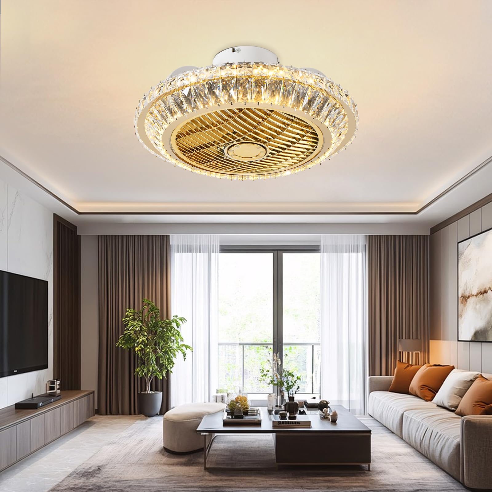 RRBEST Crystal Ventilatori Da Soffitto Con Lampada 72W LED Fan Plafoniera Invisibile 3 Velocità Con Telecomando＆APP Dimmerabile, Con ruota di guida dell'aria, circolazione dell'aria a 360°