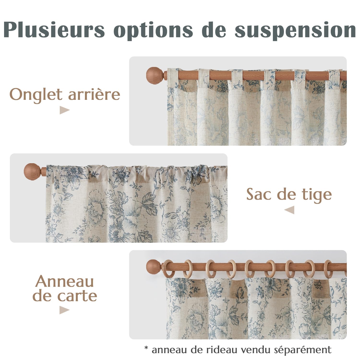 TOPICK Tende in lino con nastro arricciato, traslucide, per soggiorno, camera da letto, finestra, set da 2 pezzi, 140 x 245 cm (larghezza x altezza), blu su beige
